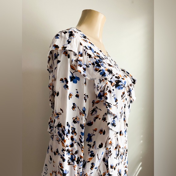 Treasure & Bond Floral Midi Ruffle Long Sleeves Dress White Blue Orange Celeb M - Picture 6 of 12